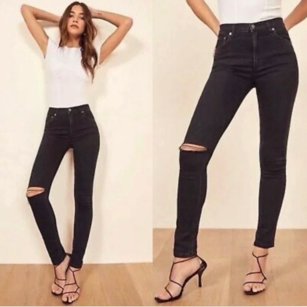 Reformation Black High-Rise Skinny Jeans with Knee Rip